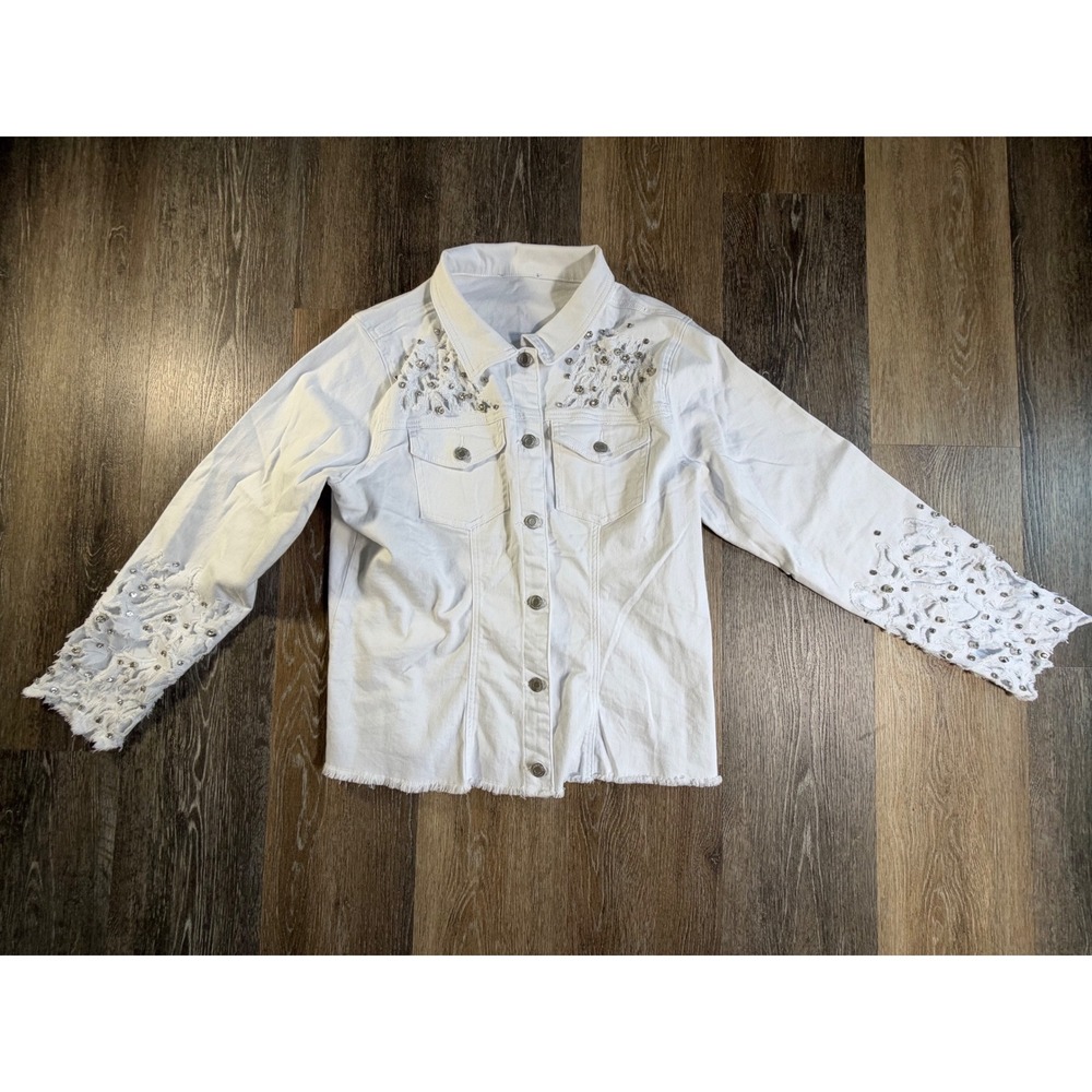 Unbranded Denim Jacket Women XL White Studded Lace Frayed Hem Stretch